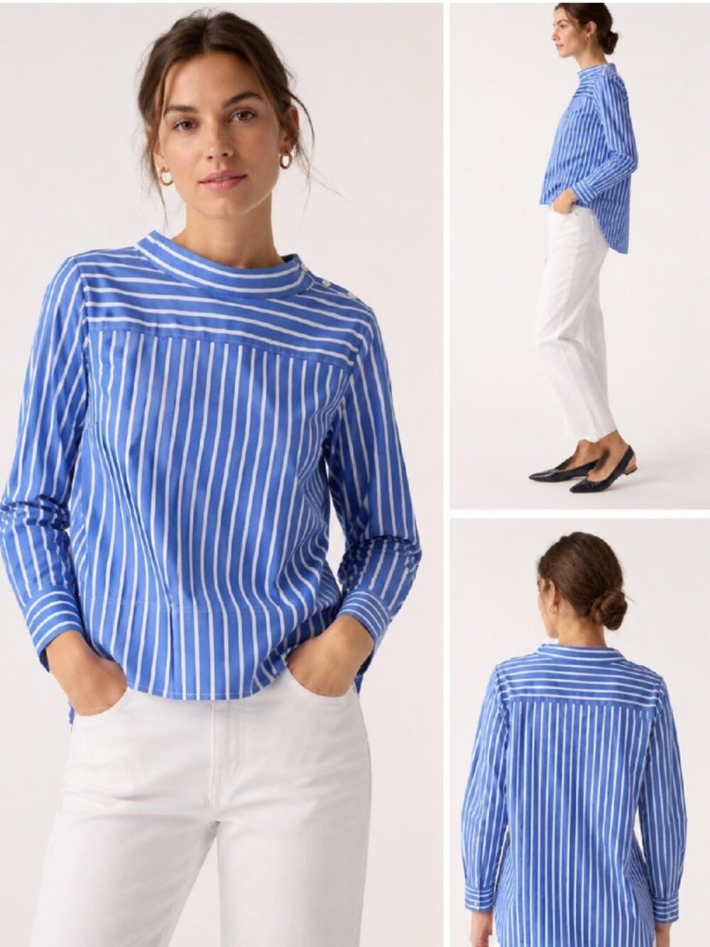 J. Crew Blue White Striped Cotton Blouse Top Button Shoulder High Low Hem 4